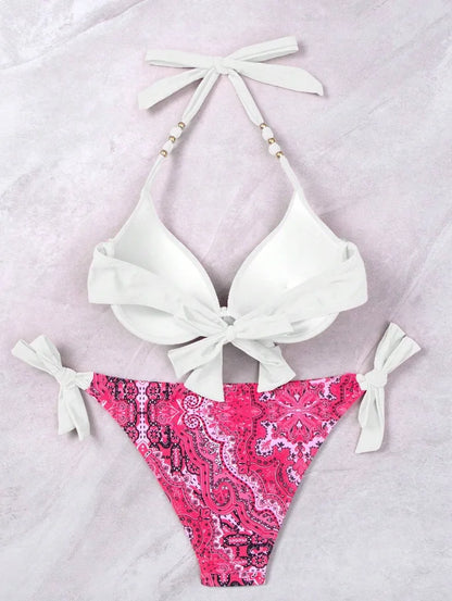 2024 New Print 2-piece Swimsuit for Women,hard Cup Suspender Push Up Bikini Set,summer Beach Vacation Backless Bathing Suit