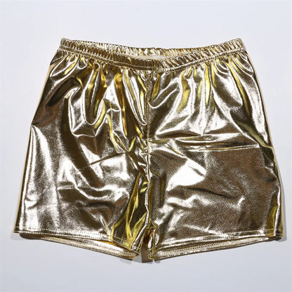 Women Yoga Shorts Silver Metallic Rave Booty Mid Waist Cheer Short PU Shiny Yoga Shorts Femme Fashion Sexy Clothes