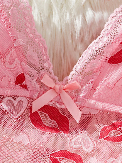 Women Pink Lips Love Print Nightdress Sexy Lace Bow Adult Dress Babydoll Sex Sleepdress And Thongs Lingerie Sets Erotic Outfits