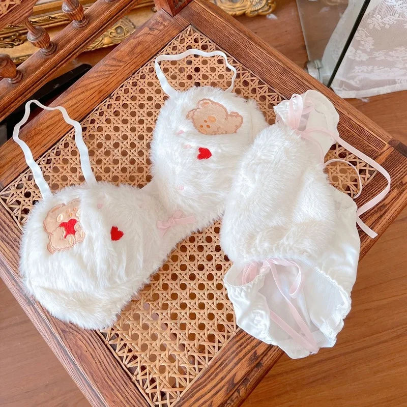 Cute Bear Underwear Winter Plush Cartoon Comfortable Bra & Brief Sets Women's Intimates Thermal Bra Gathers Sleepwear Lingerie