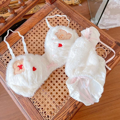 Cute Bear Underwear Winter Plush Cartoon Comfortable Bra & Brief Sets Women's Intimates Thermal Bra Gathers Sleepwear Lingerie