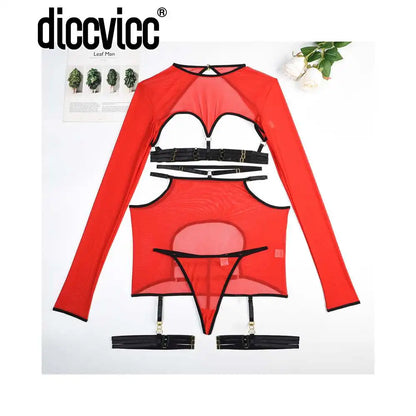 Diccvicc Long Sleeve Lingerie Sexy Sheer Mesh Porn Top Crotchless Skirt Naked Bandage Women Underwear Uncensored Erotic Costume