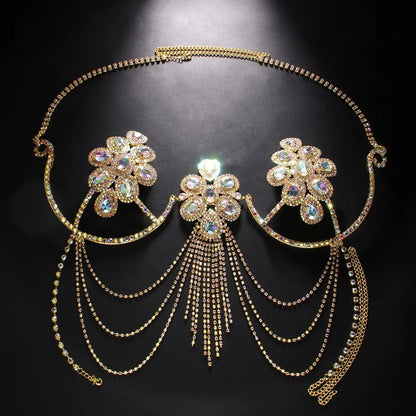 Colorful Rhinestone Flower Chest Bracket Top for Women Outfit Festival Lingerie Sexy Tassel Bra Chain Necklace Bikini Jewelry