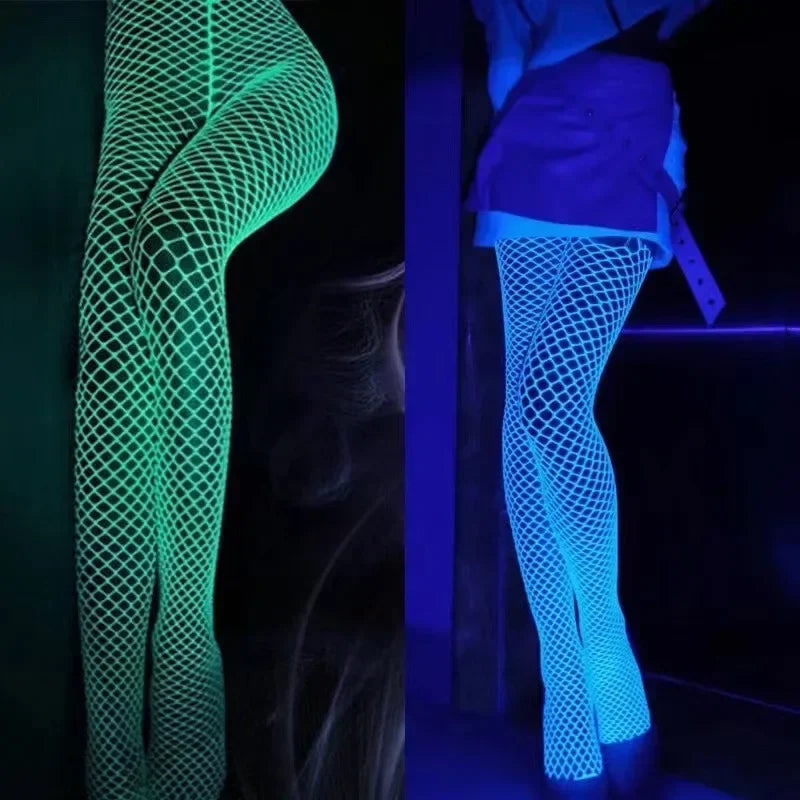 Night Fluorescent Women's Long Socks Fishnet Body Stockings Curve Lingerie Mesh Fabric High Waist Sex Tights Sexy Bodysuits