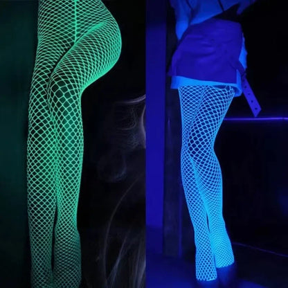 Night Fluorescent Women's Long Socks Fishnet Body Stockings Curve Lingerie Mesh Fabric High Waist Sex Tights Sexy Bodysuits