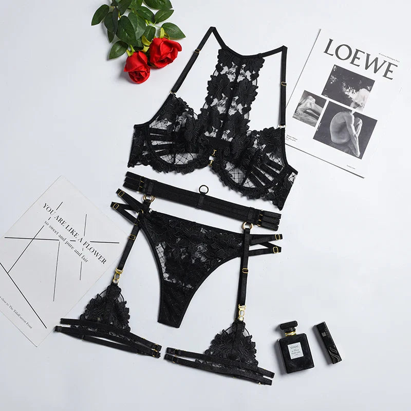 Lady Floral Lace Embroidery Lingerie Sets Women See-through Bra and Panty Set Underwear Sexy Hot Intimates Erotic Sexy Porn Suit