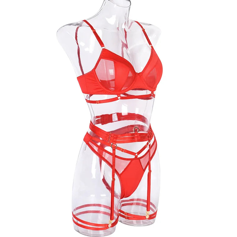 Yimunancy 3-Piece Black Bra Set Women Patchwork See Through Mesh Lingerie Set Ladies Sexy Panty Underwear Set