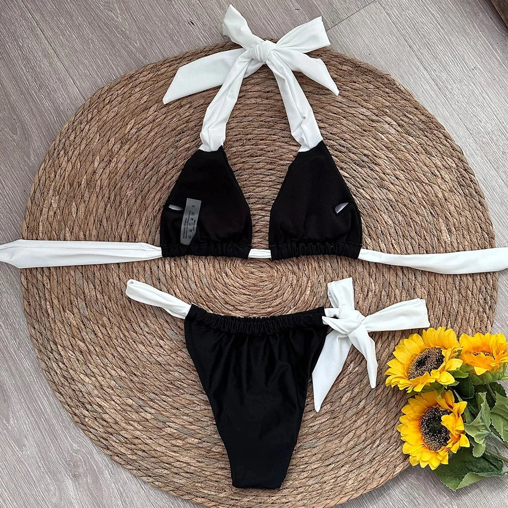 2025 Solid Thong Brazilian Bikinis Swimwear Women Swimsuit  Black White Bikini Set Bathing Suit Female Summer Beach Wear Biquini