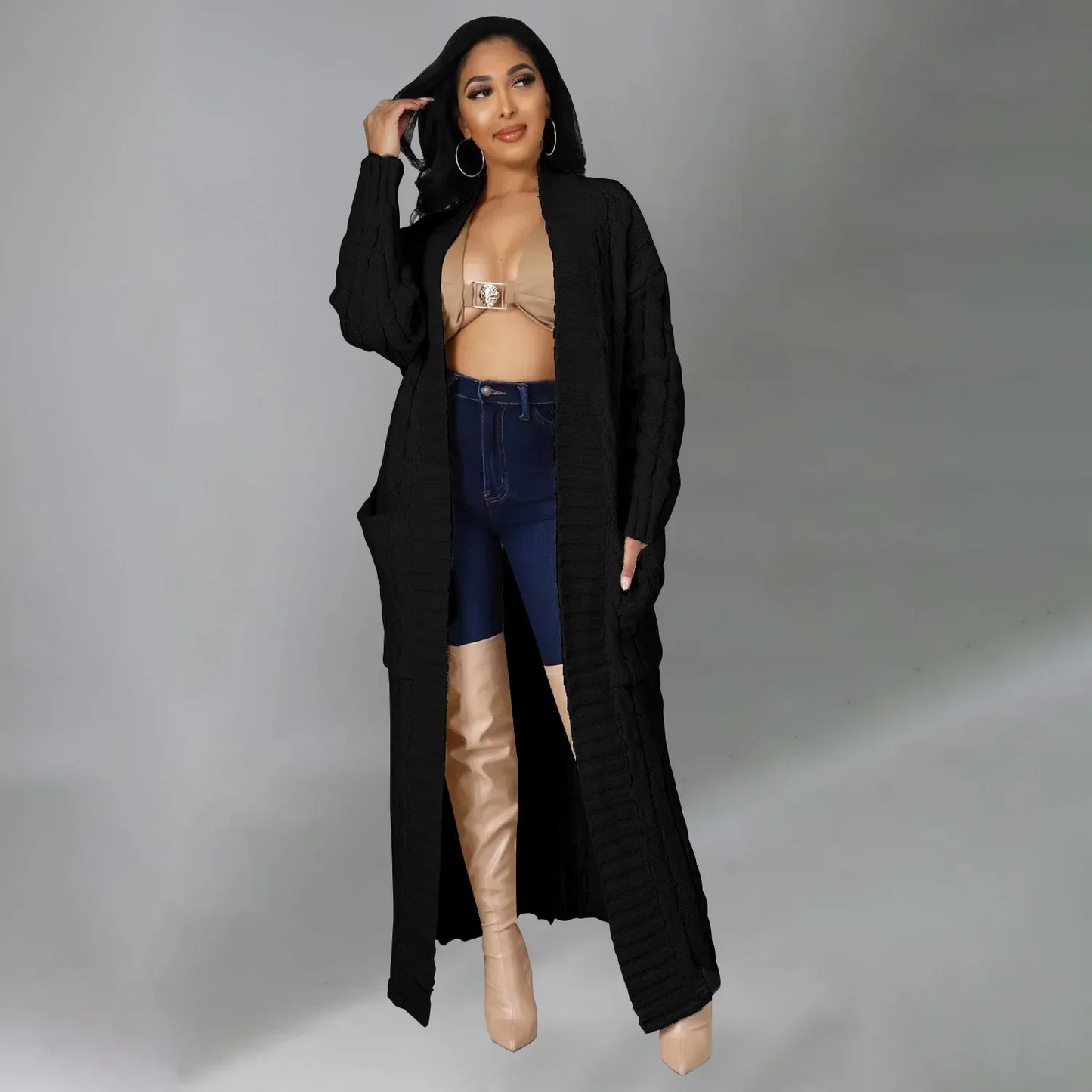 2024 New Women's Fashionable Cardigan Sweater Casual Long Sleeve Solid Color Jacket Autumn/Winter Amazon Europe Style