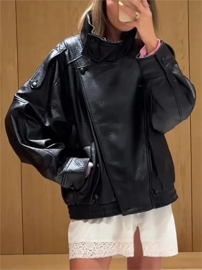 KONDALA Casual Chic Black Leather Jackets Women Long Sleeve Buttons Elastic Oversized Coats Fashion 2025 Fall Streetwear Coats