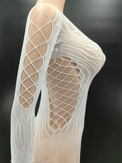 Bodycon Elasticity Transparent Mesh Long sleeves Bodysuit Women's Fashion Pajamas Fishnet Short Night Club Party Mesh Clothes