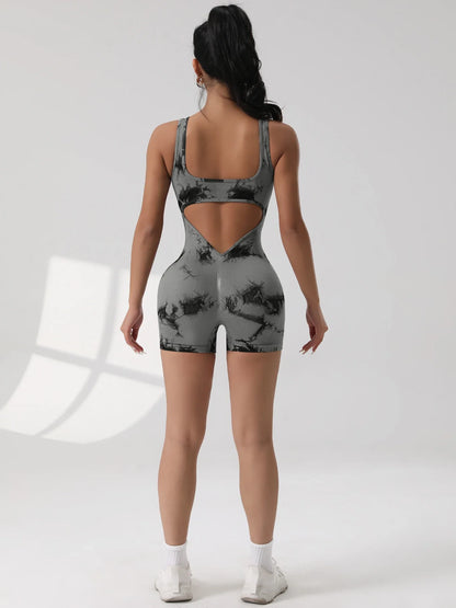 1PCS Backless Yoga Suit U Neck Sleeveless Sports Jumpsuit Solid Colour Threaded Stretch Women Bodysuit Without Bust Pads
