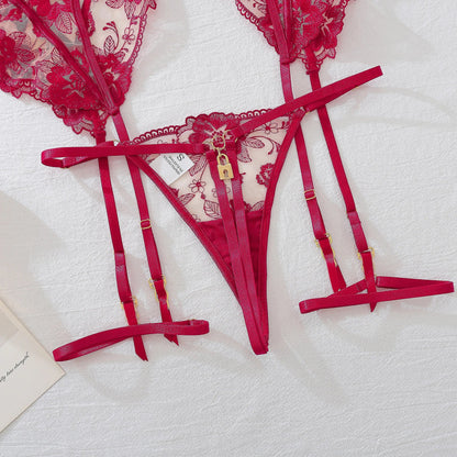 Women's Sexy See-through Seduction Lingerie Chic And Elegant Mesh Thin Section Embroidered Lace Garter Belt three-piece Set