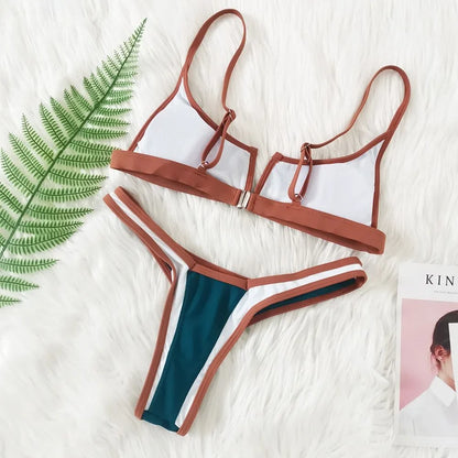 Contrast Vne Open Ba Thong Bikini Women's Patchwork ort Sve Overhead ort Pants Two-Piece Set Polyester Material