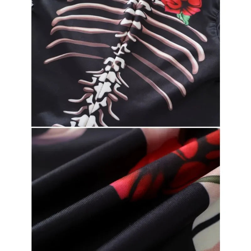 Halloween Girls Ghost Bride Theme Party Dress Costume Women's Skeleton Rose Pattern Printed Skeleton Long Sleeve Jumpsuit Party