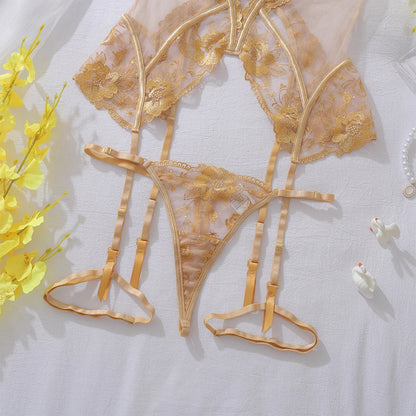 Women's Sexy See-through Seduction Lingerie Chic And Elegant Mesh Thin Section Embroidered Lace Garter Belt three-piece Set