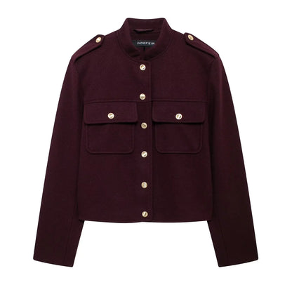 HH 2024 Fashion Women Soft Tweed Bomber Jacket O-Neck Long Sleeve Pockets Buttons Loose Woolen Coat Female Streetwear