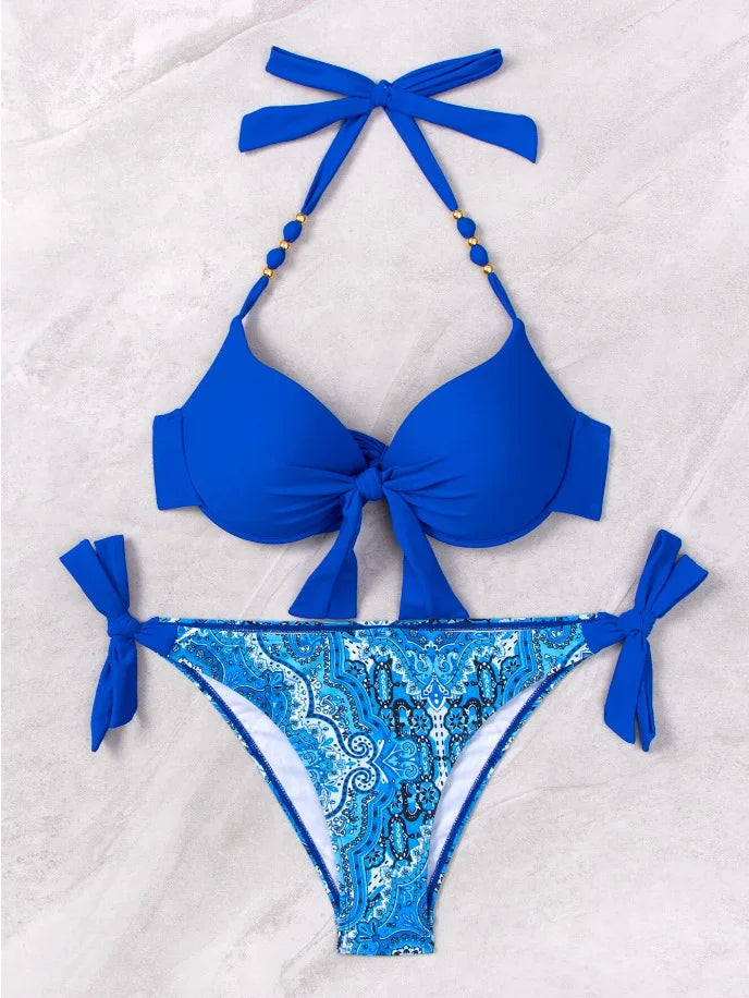 2025 Push Up Halter Bikini Printed Swimsuit Women Sexy Strappy Swimwear Female Bathers Bathing Swimming Swim Suit Beachwear