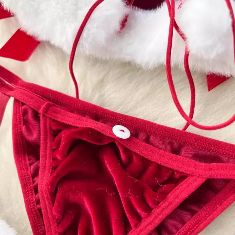 Sweet Red Bunny Lingerie Underwear Set Women Sexy Soft Plush Cute Bowknot Sweet Nightgowns Christmas Rabbit Cosplay Costumes New