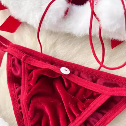 Sweet Red Bunny Lingerie Underwear Set Women Sexy Soft Plush Cute Bowknot Sweet Nightgowns Christmas Rabbit Cosplay Costumes New