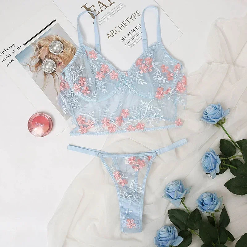 Lace Floral Embroidery See Through Bra and Panties Set for Women Underwear Sexy Lingerie Female 2 Pieces Bra Brief Sets
