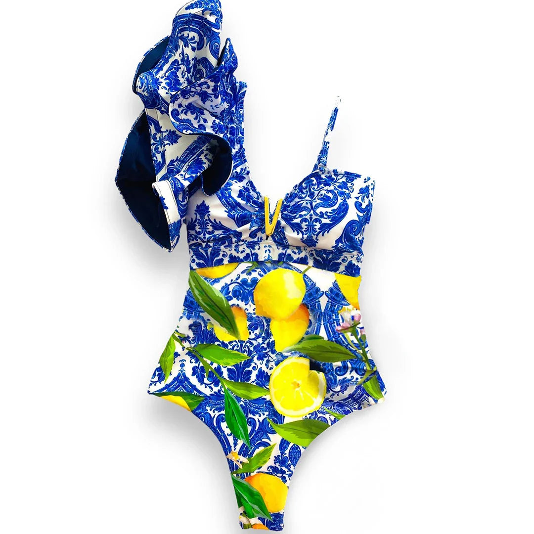 2025 New Sexy V-Neck One Piece Swimsuit Belt Swimwear Women Ruffle Monokini Push Up Swim Suit Colorful Bathing Suit Female Beach