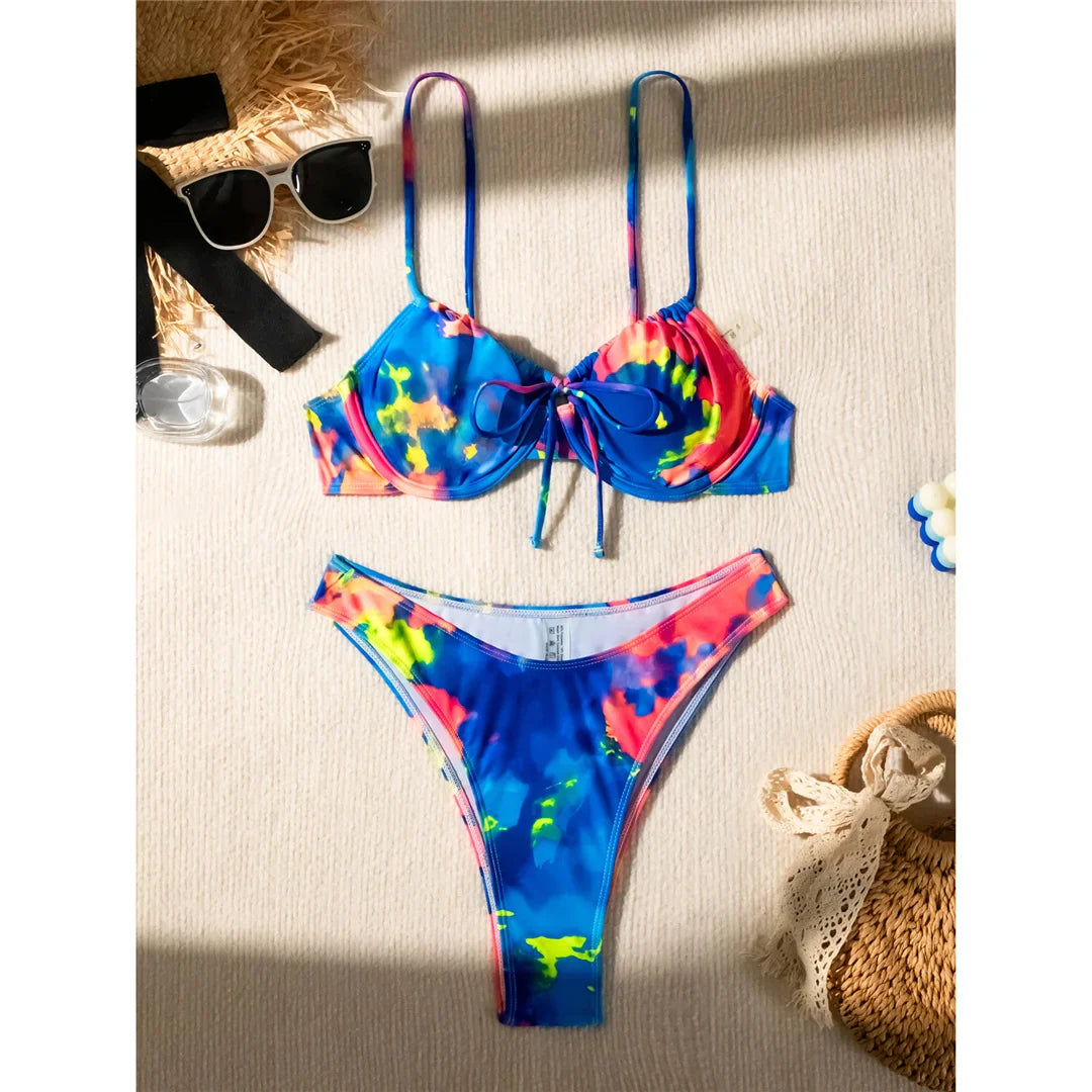 Colorful Printed Underwired Brazilian Bikini Female Swimsuit Women Swimwear Two-pieces Bikini set Bather Bathing Suit Swim V5340