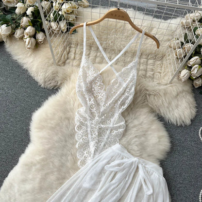 SINGREINY Lace Sensual Erotic Two Pieces Suits Camis Short Bodysuits Tops+Midi Long Mesh Chiffon Skirts Women Underwear Sets