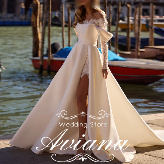 Aviana Customized A-Line Satin Pleats Ruching Off Shoulder Zipper Back Ruffles Lace lining Fairy Garden Wedding Dress Woman Sexy