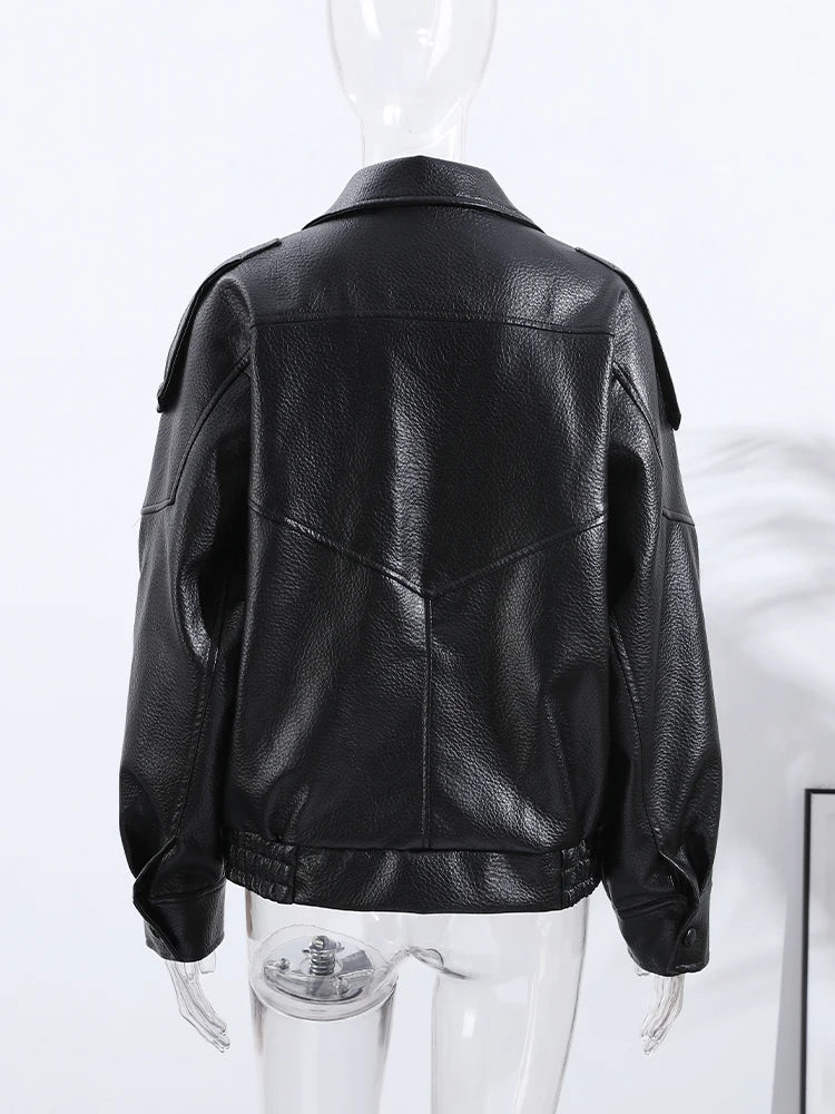 Street Stand Collar Women's Leather Jacket Loose Long Sleeve Zipper Pockets Chic Female Coats 2025 Autumn Winter Lady Outerwear