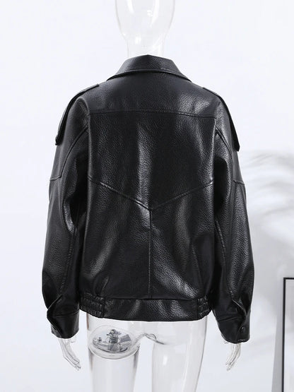 Street Stand Collar Women's Leather Jacket Loose Long Sleeve Zipper Pockets Chic Female Coats 2025 Autumn Winter Lady Outerwear