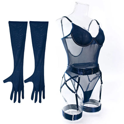 Bodysuit Sexy One-piece With Gloves Garters Mesh Women Rompers Clothing Body Suits Lace Jumpsuit Sweet Korean Women EV5W