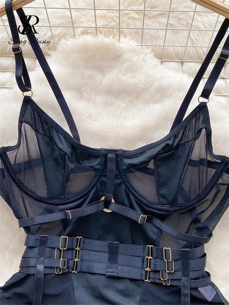 SINGREINY Women Underwear Erotic Playsuits Fashion Strap Backless Sheer Lingerie Nightwear Transpareant Hollow Out Sexy Bodysuit