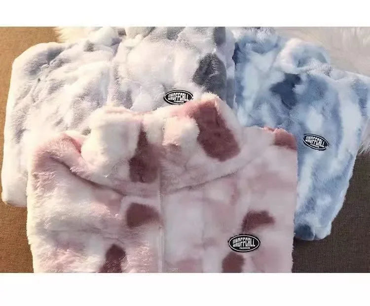 New Women's Tie Dye Lamb Fleece Jacket Autumn Winter Zipper Outerwear Warm Plush Jackets Harajuku Casual Loose Female Thick Coat