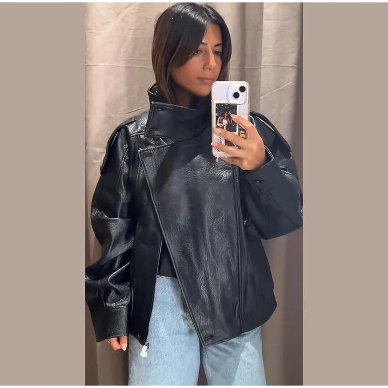 Street Stand Collar Women's Leather Jacket Loose Long Sleeve Zipper Pockets Chic Female Coats 2025 Autumn Winter Lady Outerwear