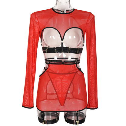 Diccvicc Long Sleeve Lingerie Sexy Sheer Mesh Porn Top Crotchless Skirt Naked Bandage Women Underwear Uncensored Erotic Costume