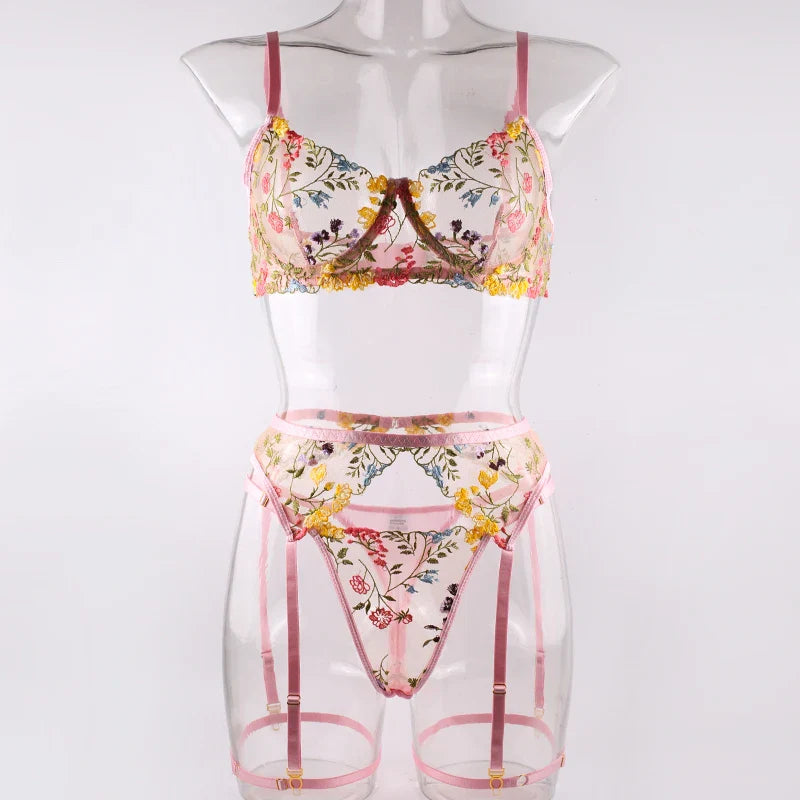 Sexy Women's Lace Lingerie 3Pcs Sets Fancy Flowers Embroidery Transparent Bras And Thongs Underwear Set Erotic Intimate Suits ﻿