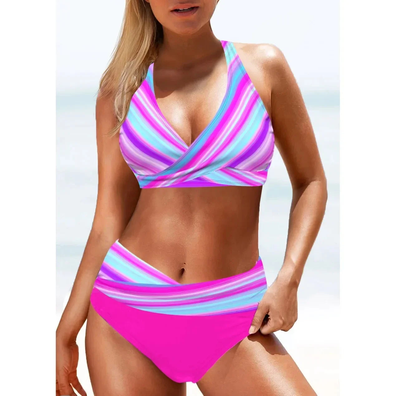 High Waist Triangle Swimsuit Bikini Set Fashionable Printed Cross Chest Bag Women's Swimwear Trendy Beachwear Ensemble