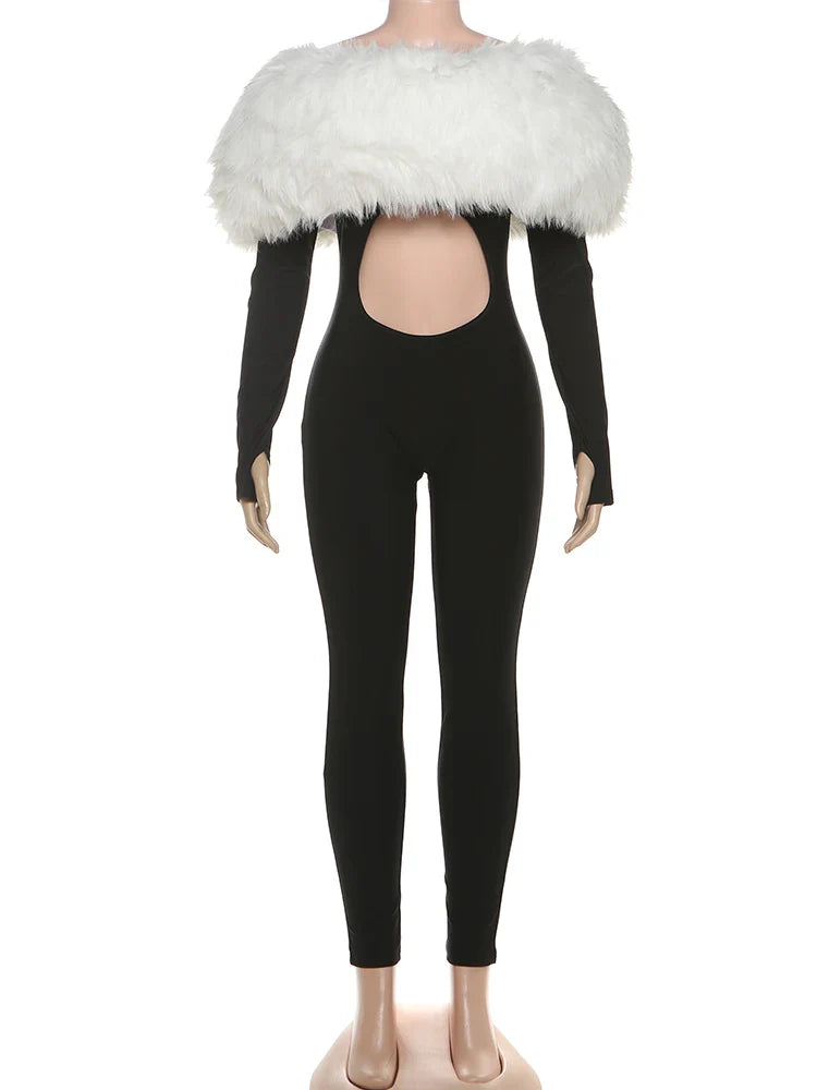Weird Puss Furry Slash Neck Jumpsuits Woman Luxury Hipster Patchwork Trend Sexy Hollow Stretch Fitness Club Activity Overalls