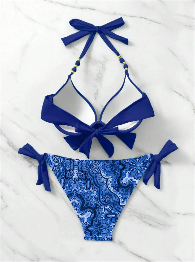 Summer Bikini New Underwired Bra Push Up Swimsuit Women Chest Knot Bow Bathing Suit Outfits Ties Swimwear Women Swimming Suit XL