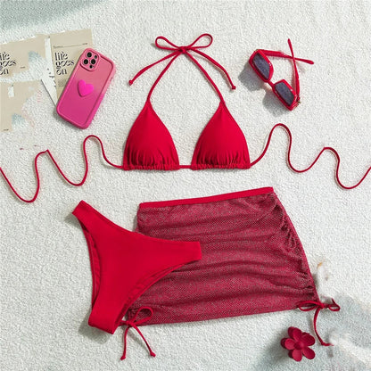 Solid Brown Swimwears String Halter Triangle 3 Piece Bikini Set Sexy Swimsuit Women 2025 Mesh Skirts Bathing Suit Bikinis Dames