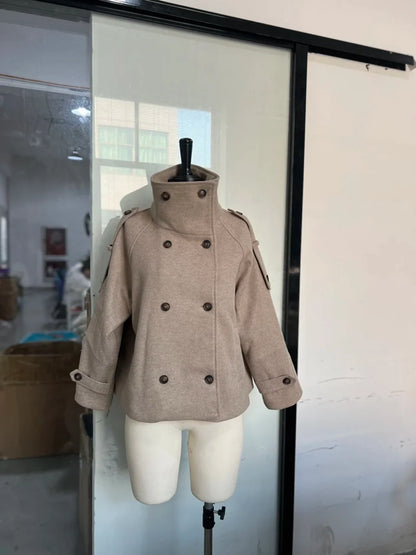 Urban Black Woolen Blend Coats Women Stand Collar Single-breasted Long Sleeve Thick Warm Jacket 2025 Autumn Winter Lady Outwear