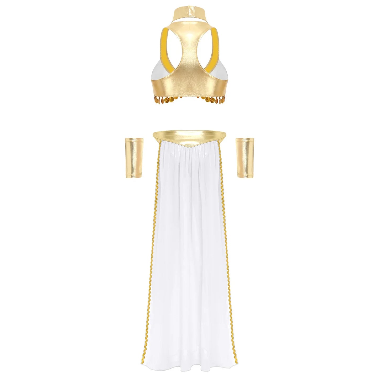 Women Halloween Cleopatra Ancient Egyptian Queen Sun Goddesses Cosplay Costume Crop Top with Skirt Choker Cuffs Belly Dance Set