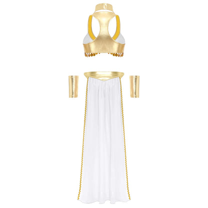 Women Halloween Cleopatra Ancient Egyptian Queen Sun Goddesses Cosplay Costume Crop Top with Skirt Choker Cuffs Belly Dance Set