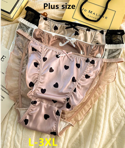 Sexy lingerie women Satin tangas lace ropa interior femenina sweet calzones para mujer plus size panties heart underwear women
