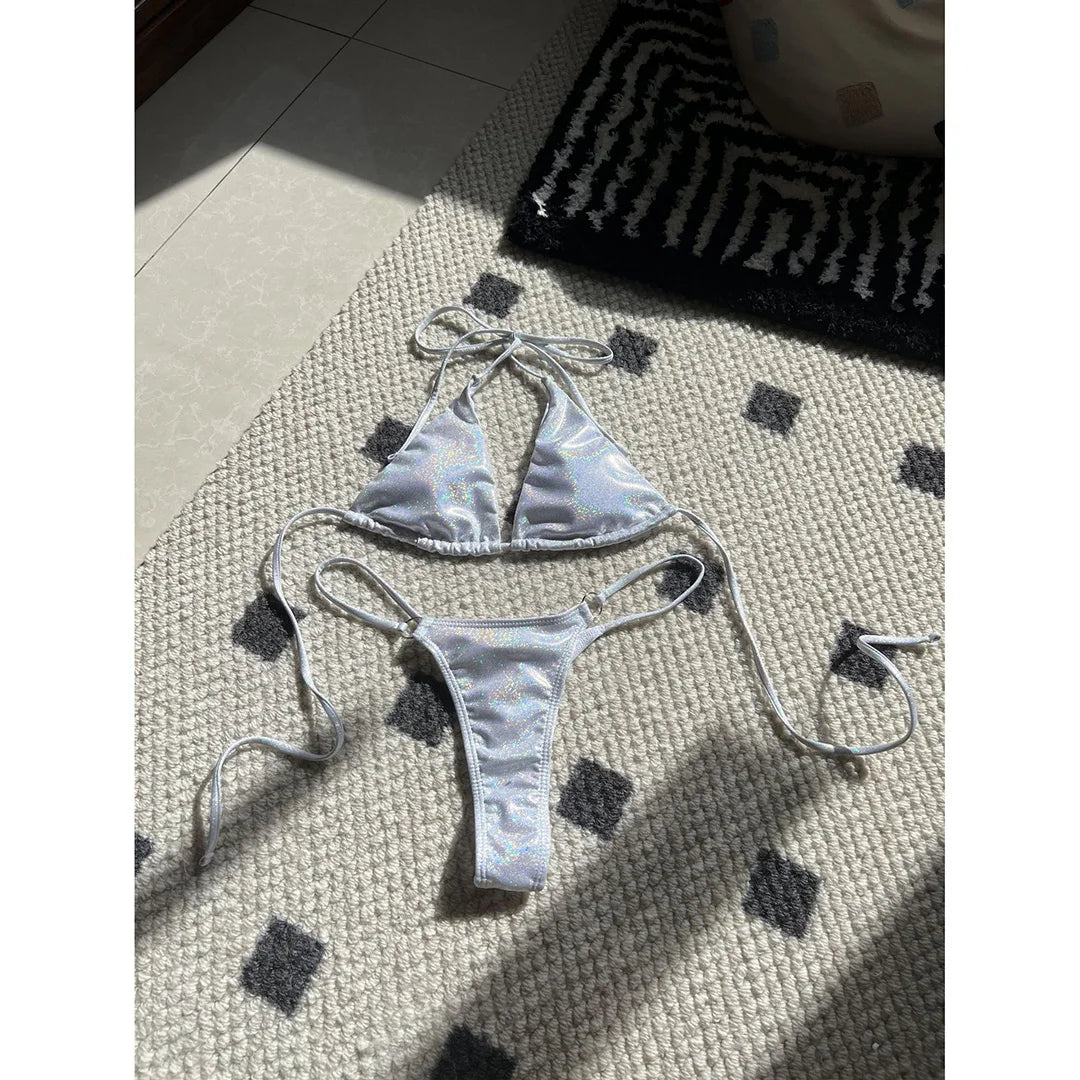 Glitter Sparkling High Cut Halter Bikini Female Swimsuit Women Swimwear Two-pieces Bikini set Bather Bathing Suit Swim V5102S