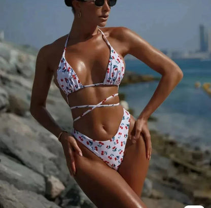 Women Halter Bikini Leopard/Cherry Print Summer Swimsuit Beach Vacation Mid Waisted Brazilian Swimwear 2025 New Bathing Suit