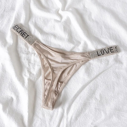 Sexy Triangle Fitness Sports With Letter Low Rise Briefs Sexy T-Back G-string Women Panties Rhinestone Thong