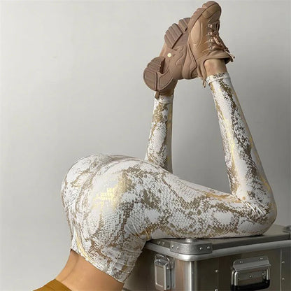 Snake Printed Yoga Pants Gilded Stretch Buttocks Sexy Casual Skinny Pants  For Women High Waist Elastic Fitness Sporty Leggings