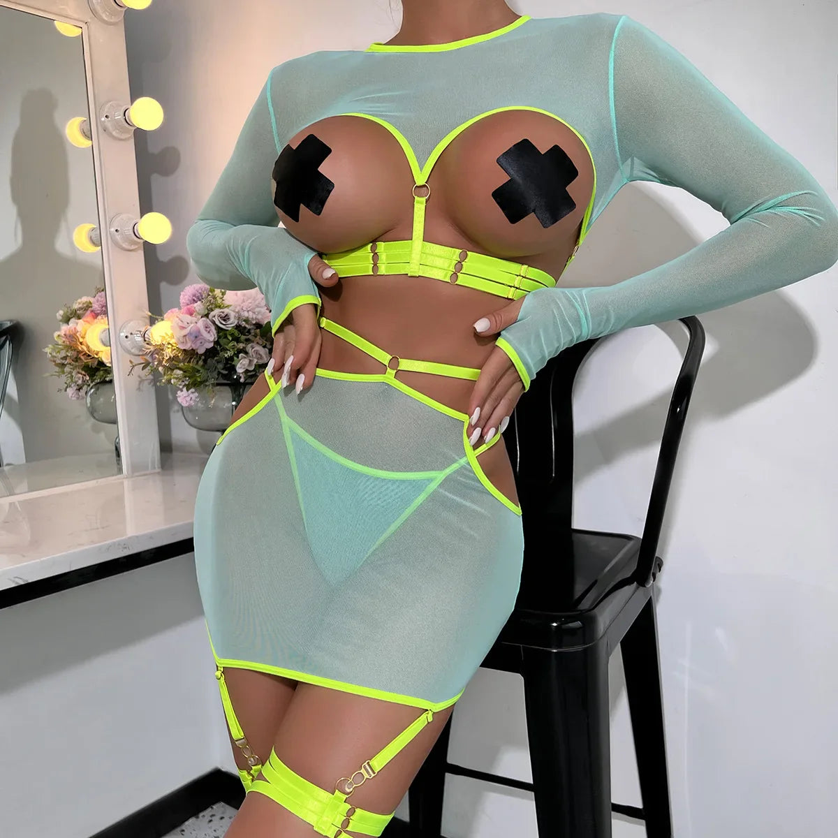 Diccvicc Long Sleeve Lingerie Sexy Sheer Mesh Porn Top Crotchless Skirt Naked Bandage Women Underwear Uncensored Erotic Costume